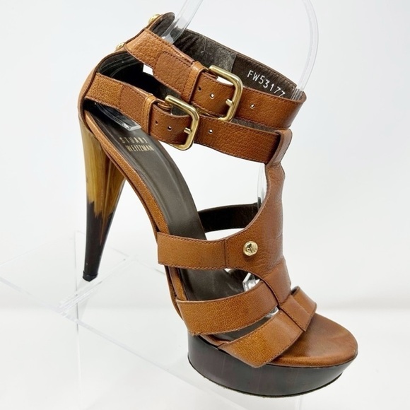 Stuart Weitzman Brown Leather Strappy Platform Heeled Sandals Size 6.5 - Picture 1 of 13